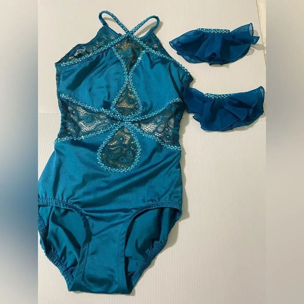 Competition Custom solo contemporary Dance Costume teal illusion SA Small adult